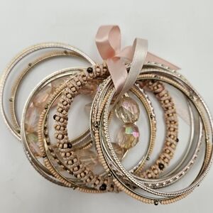 NEW Pink Mixed Metals Stackable Bracelet Set Stretch Beaded Bangle Glitter